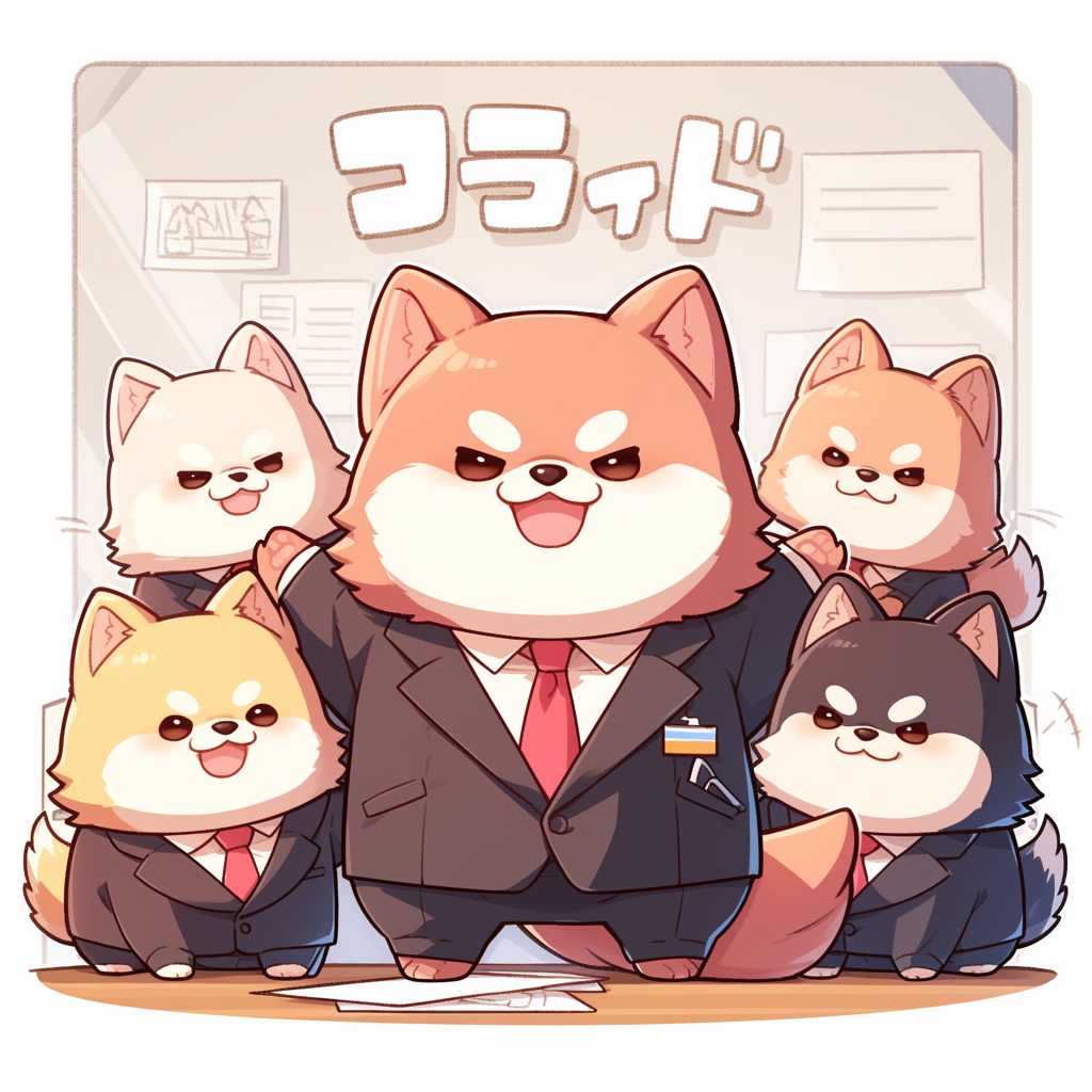 A playful illustration of five cartoon Pomeranians dressed in suits, showcasing their unique personalities. This image makes a charming avatar or profile photo.