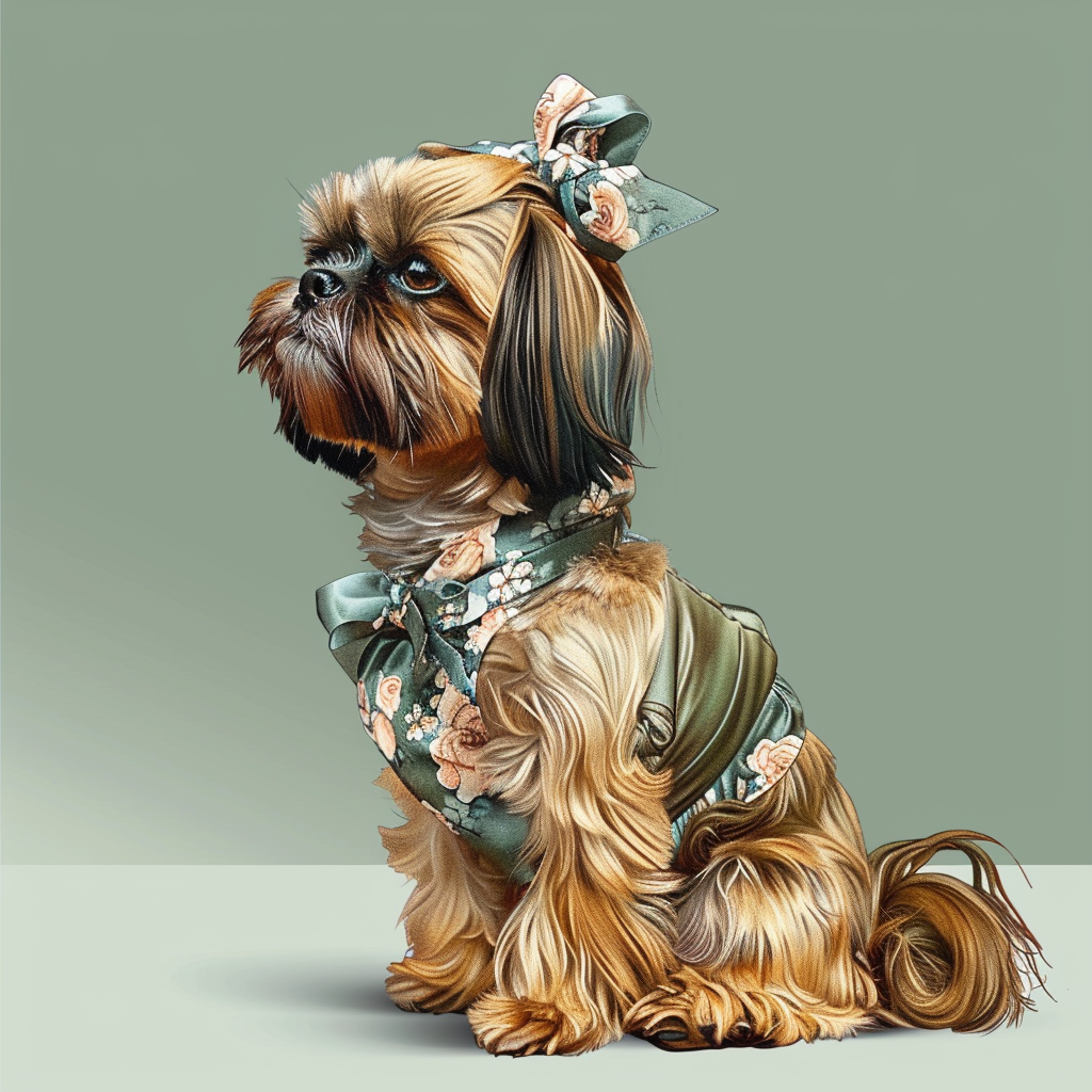 Profile photo of a Shih Tzu dressed in an elegant green outfit and bow, depicted in a whimsical, stylized illustration.