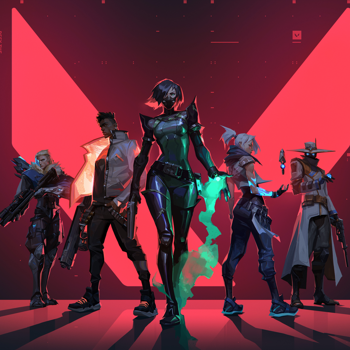 Valorant game characters lineup avatar featuring dynamic poses on a red geometric background.