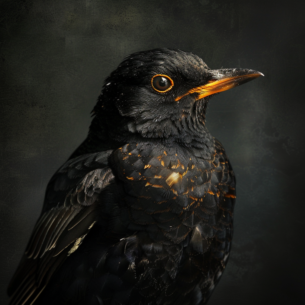 Close-up of a blackbird with intricate feather details, posed as an artistic avatar against a muted backdrop.
