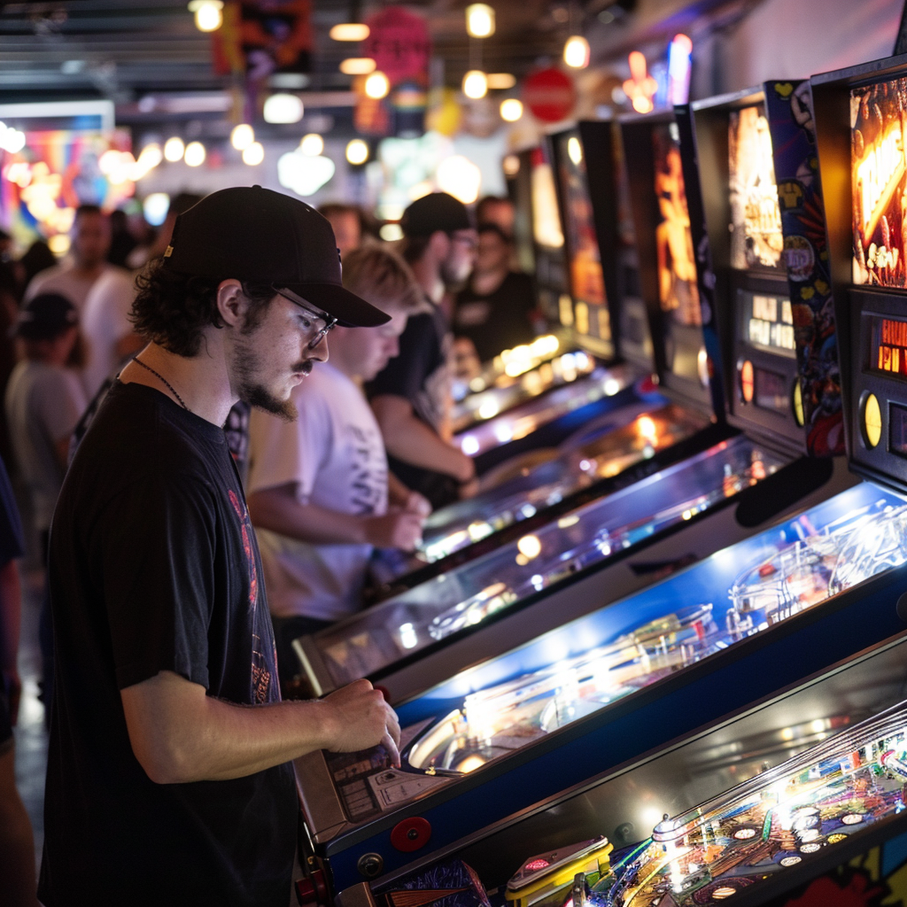 Person playing on a brightly lit pinball machine at an arcade.