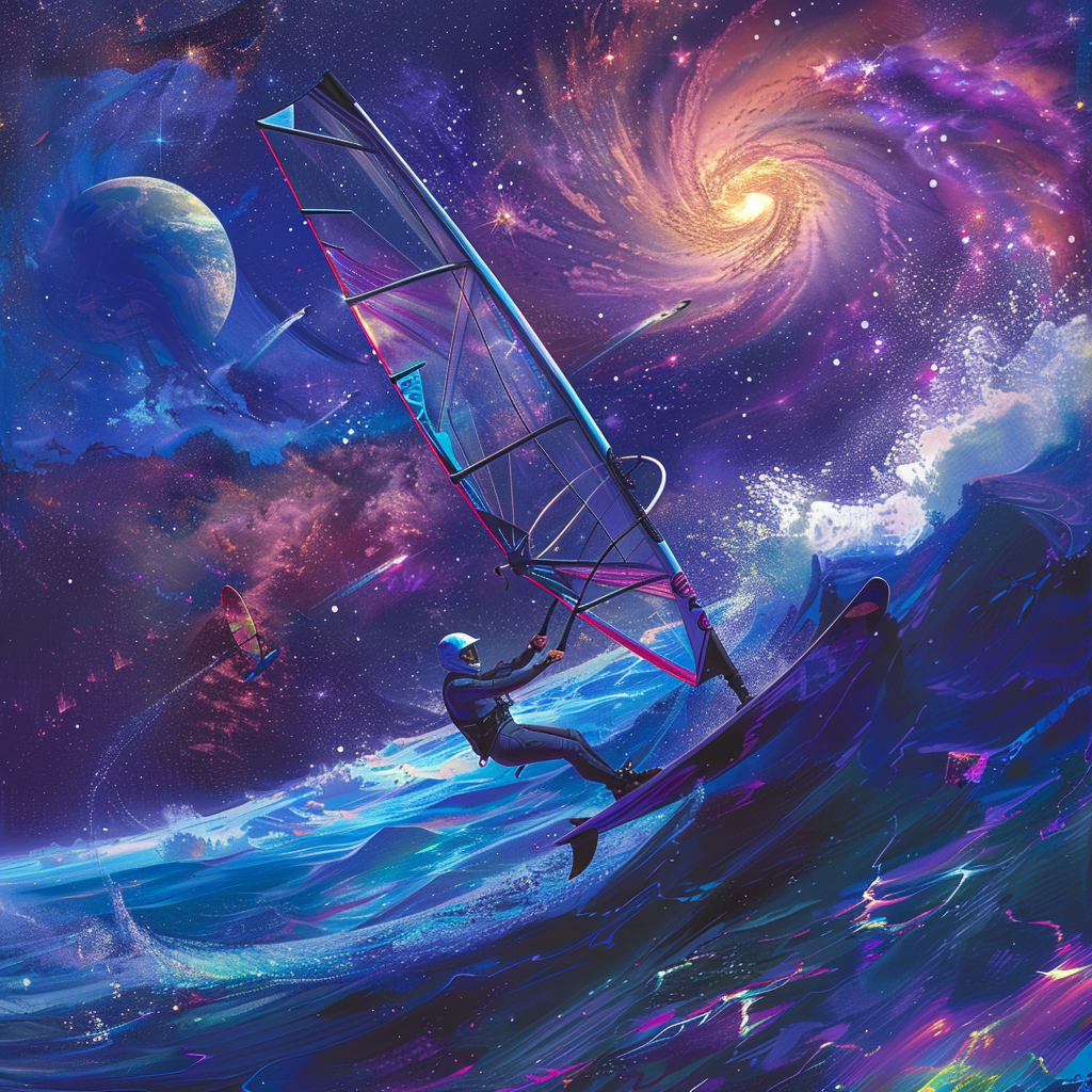 A vibrant windsurfing avatar features a rider soaring over cosmic waves, surrounded by swirling galaxies and nebulae, creating a stunning blend of sport and space.