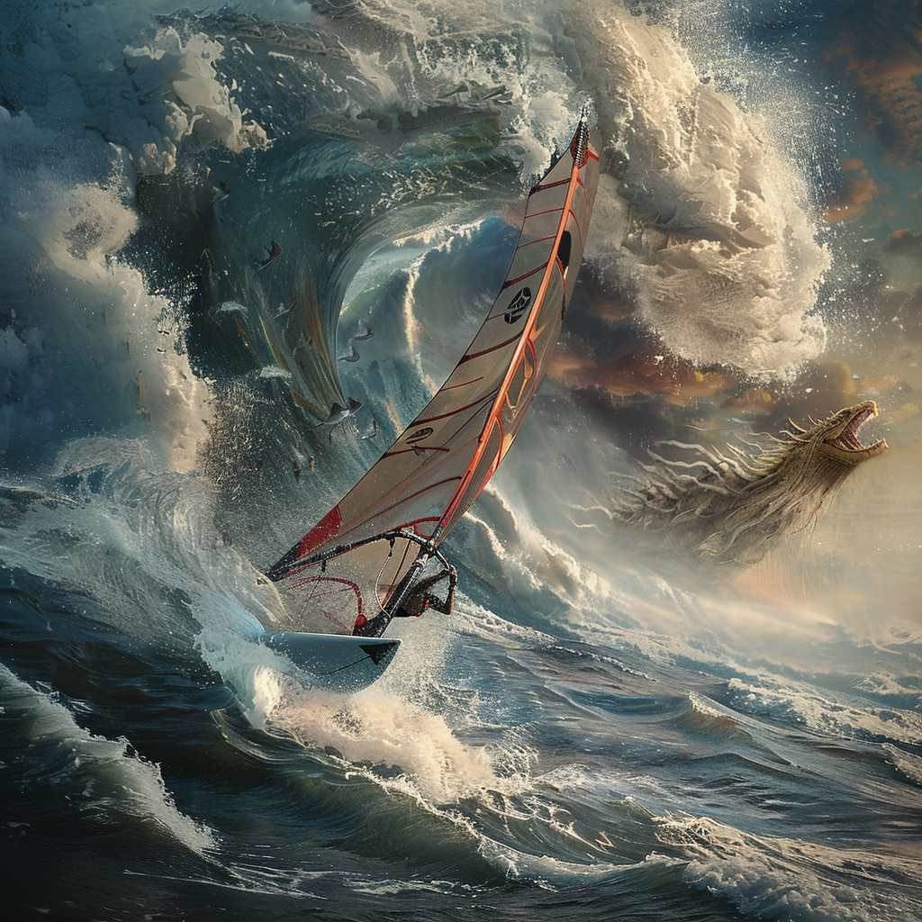 Avatar depicting an intense windsurfing scene with a dynamic ocean wave and an imaginative sea creature incorporated in the background.