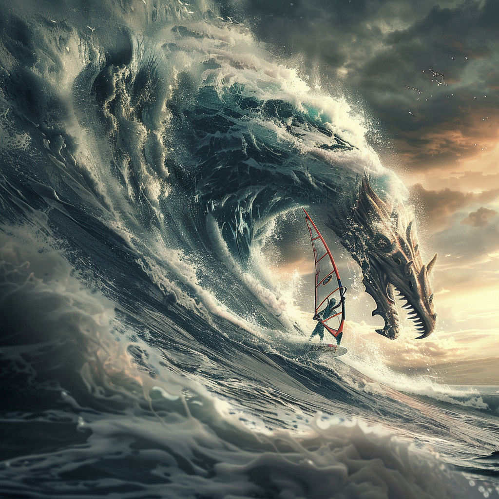Fantasy avatar depicting a windsurfer gliding across the sea with a massive wave creature looming overhead, combining sports and mythical elements for a dynamic profile picture.