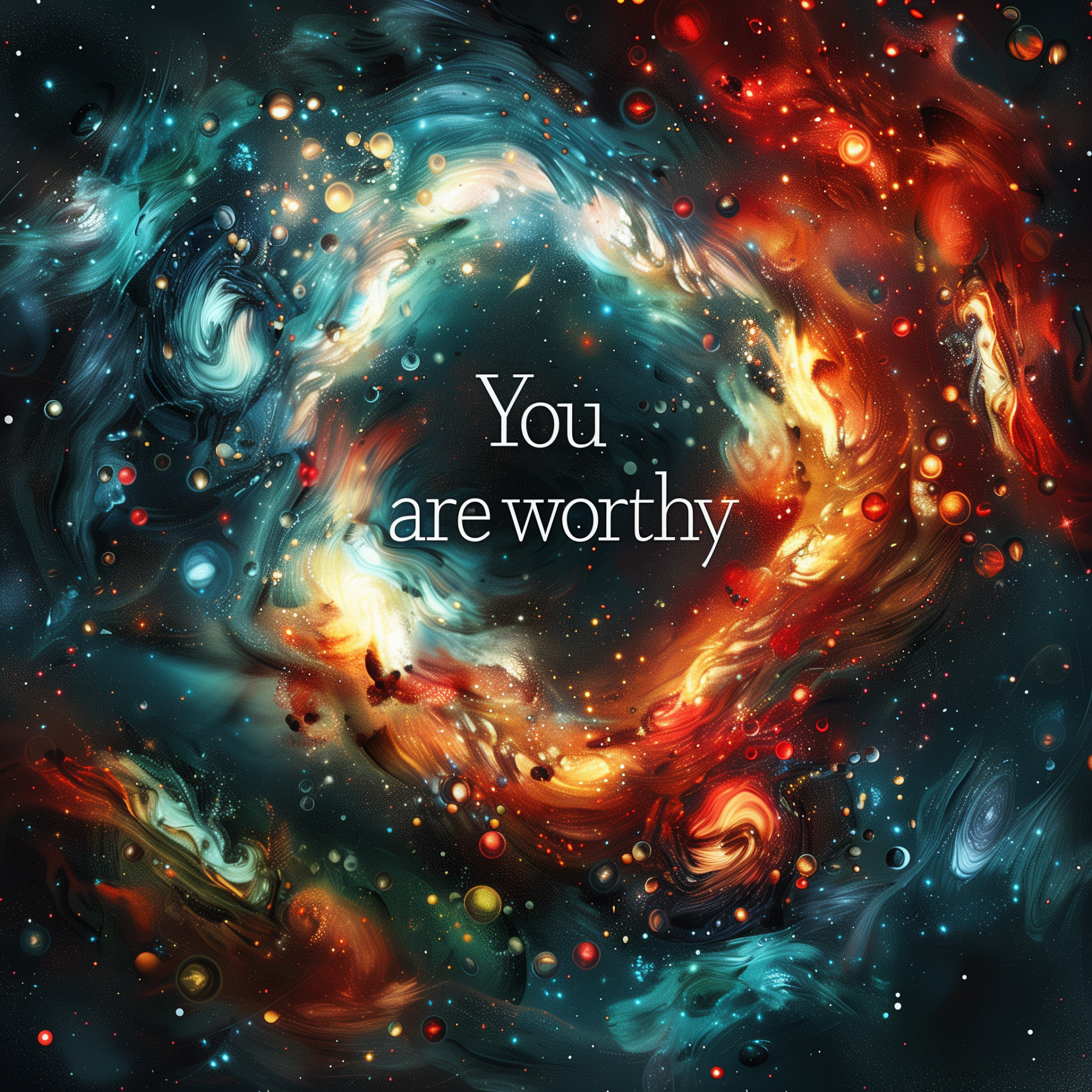 A vibrant, cosmic background with swirling colors features the empowering phrase You are worthy, creating a motivational and inspirational profile photo.