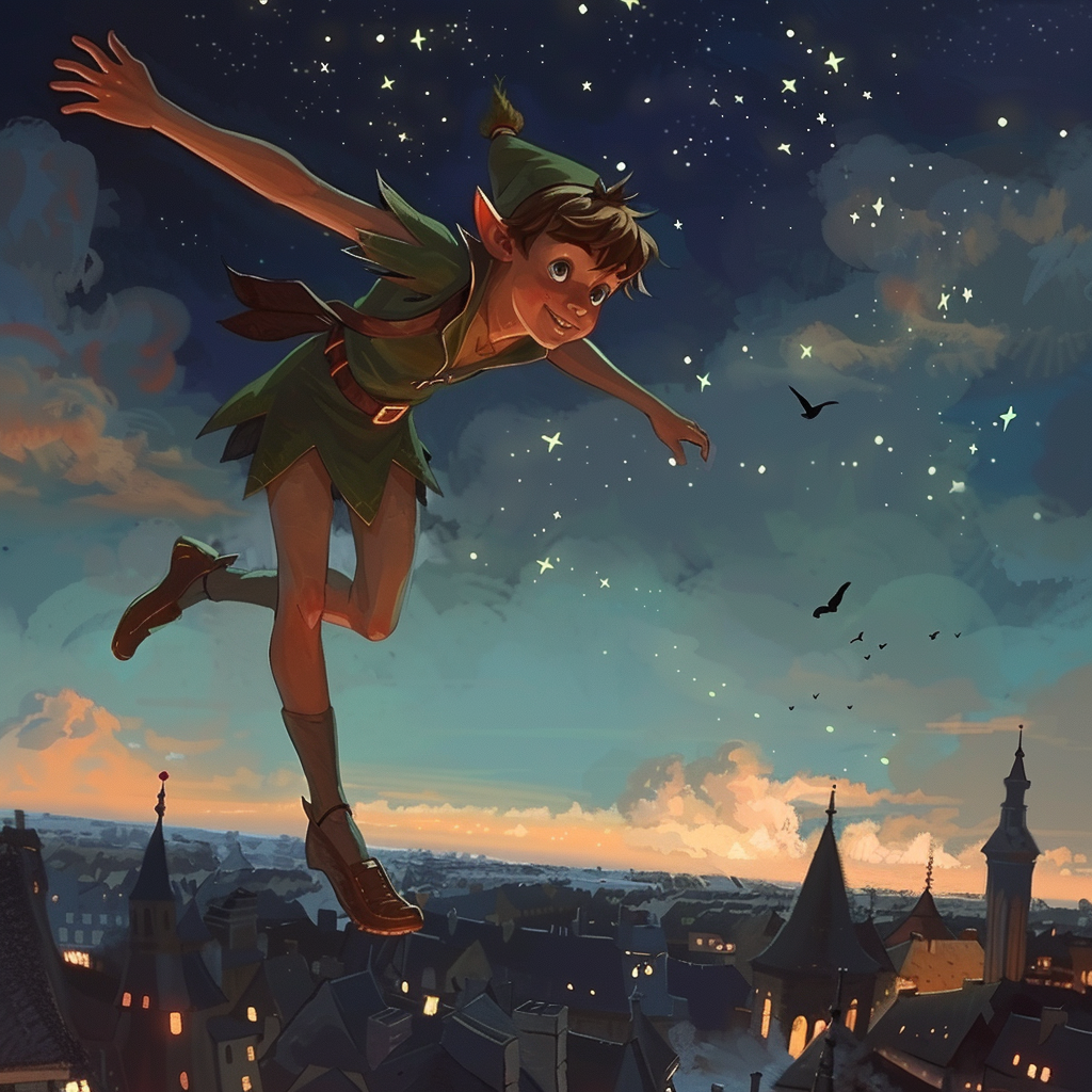A vibrant avatar of Peter Pan soaring above a moonlit city, surrounded by stars and silhouettes of buildings, capturing the magic and adventure of Neverland.