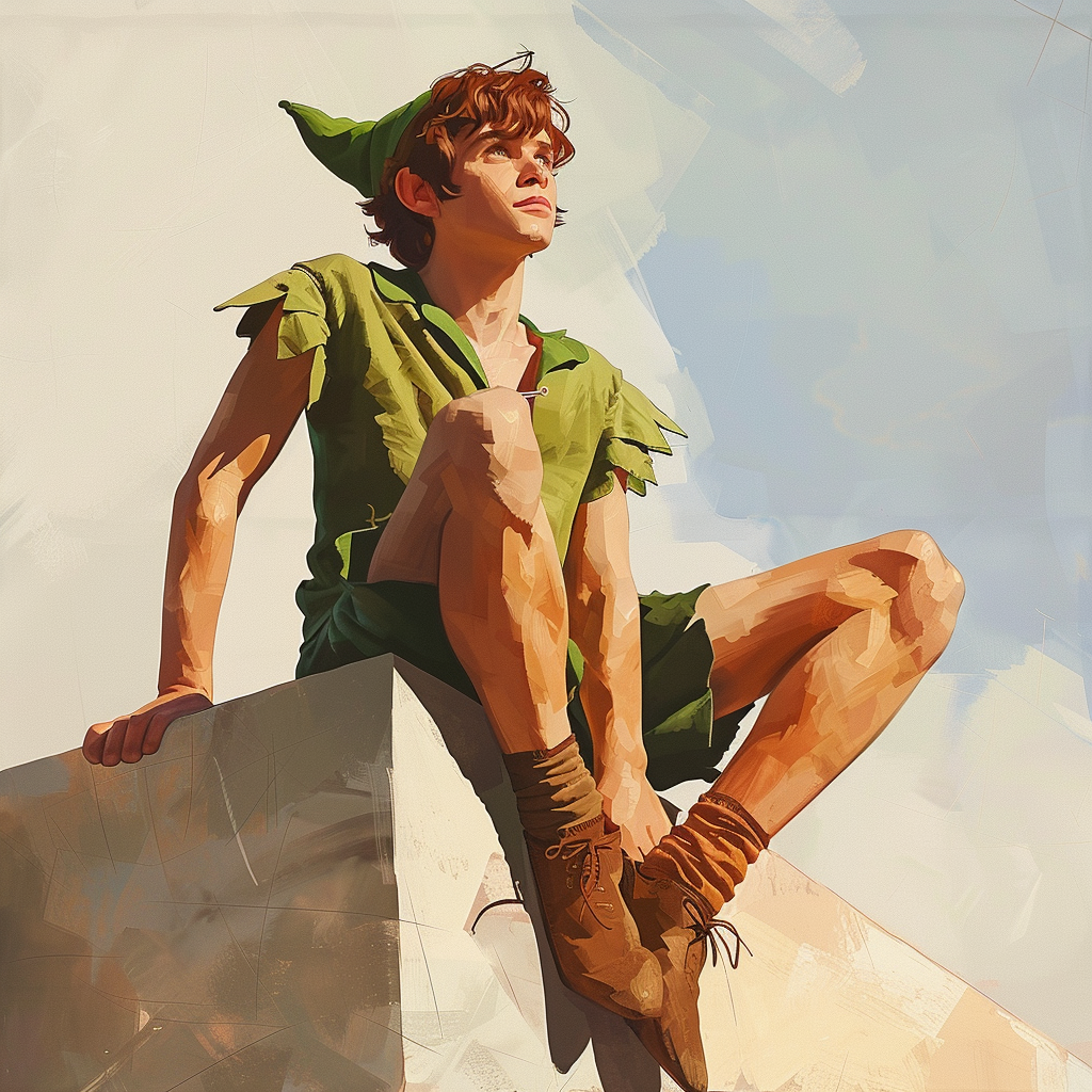 Illustrated avatar of Peter Pan sitting on a ledge with a thoughtful expression, in a classic green outfit and hat.