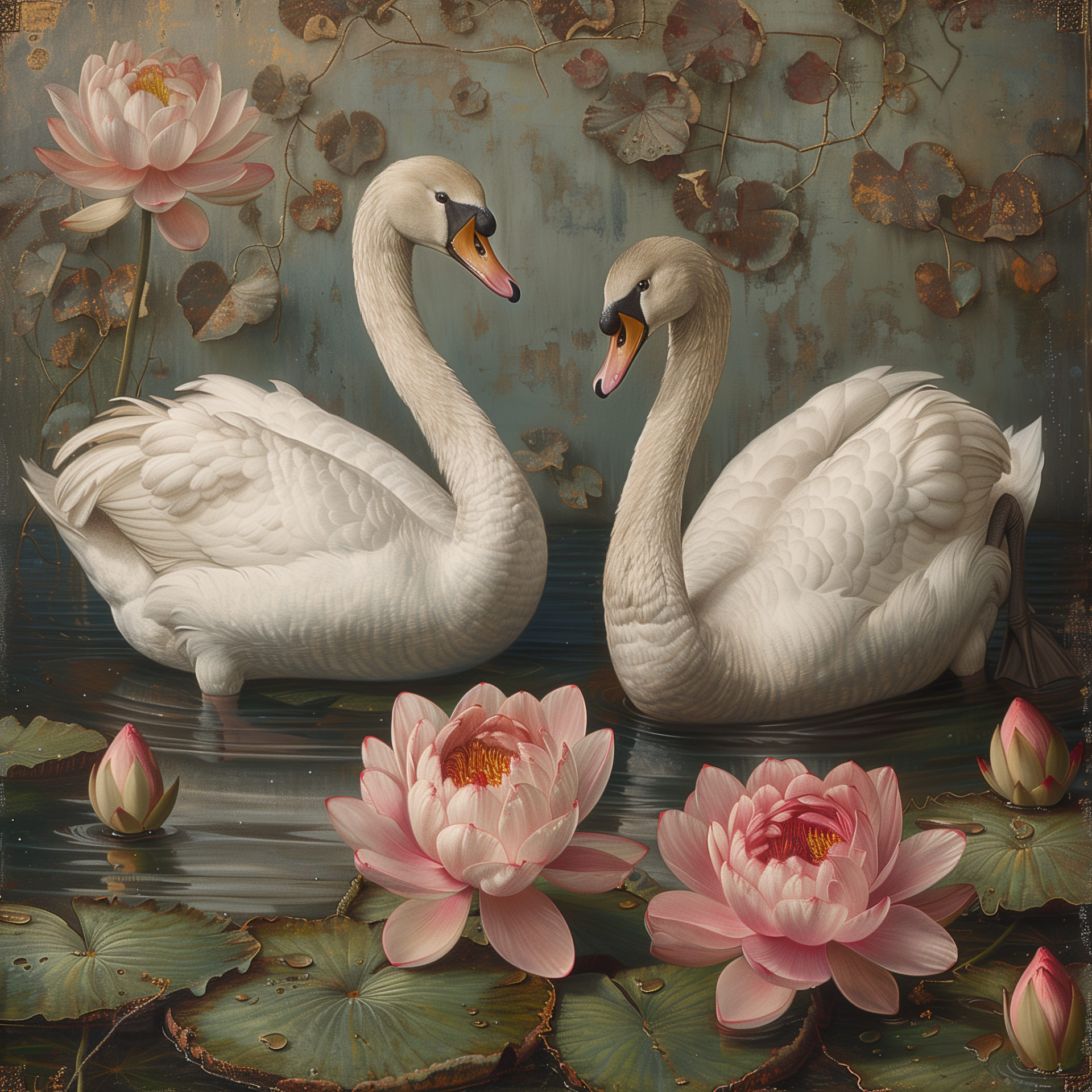 Avatar featuring two graceful swans and pink lotus flowers set against an ornate, floral background.