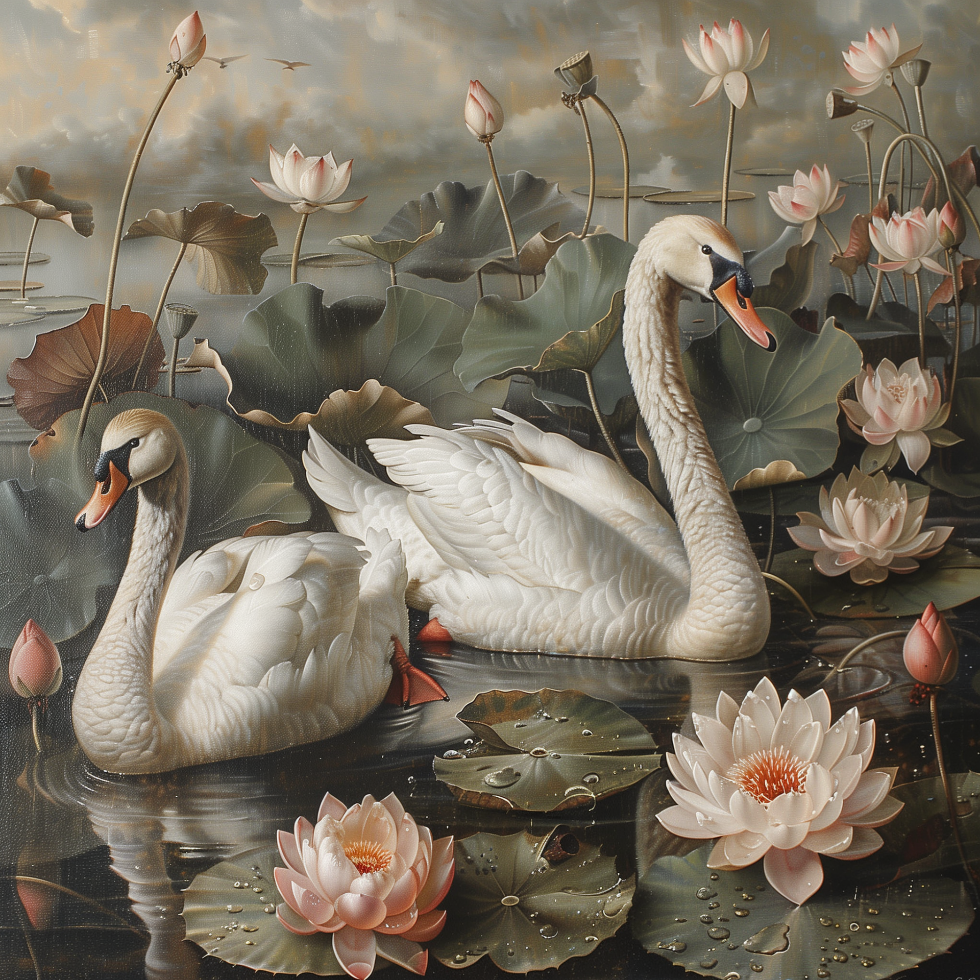 Avatar featuring a detailed painting of two swans on a serene lake with blooming water lilies and lotus flowers.