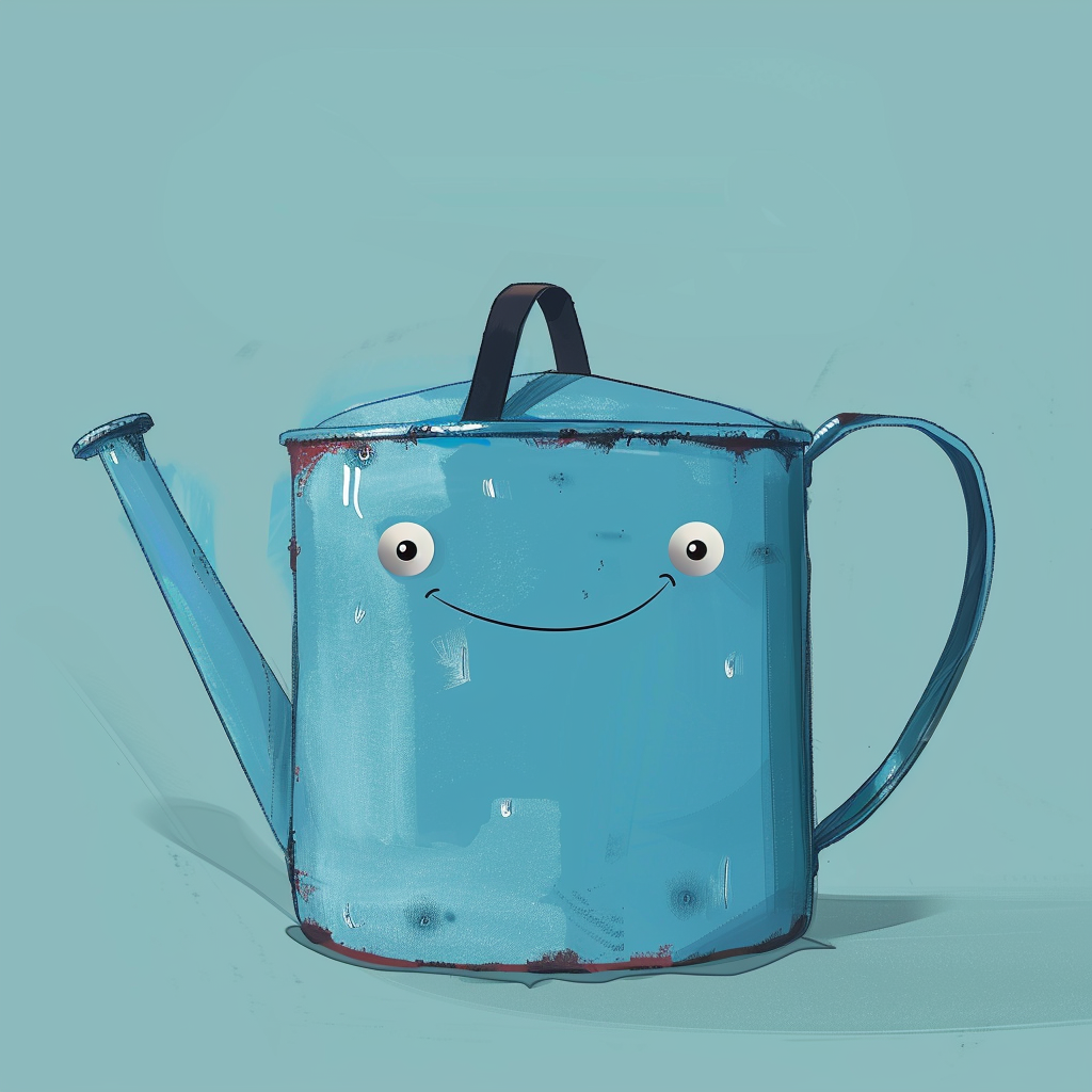 Cheerful blue watering can avatar with a cute smiling face against a light blue background.