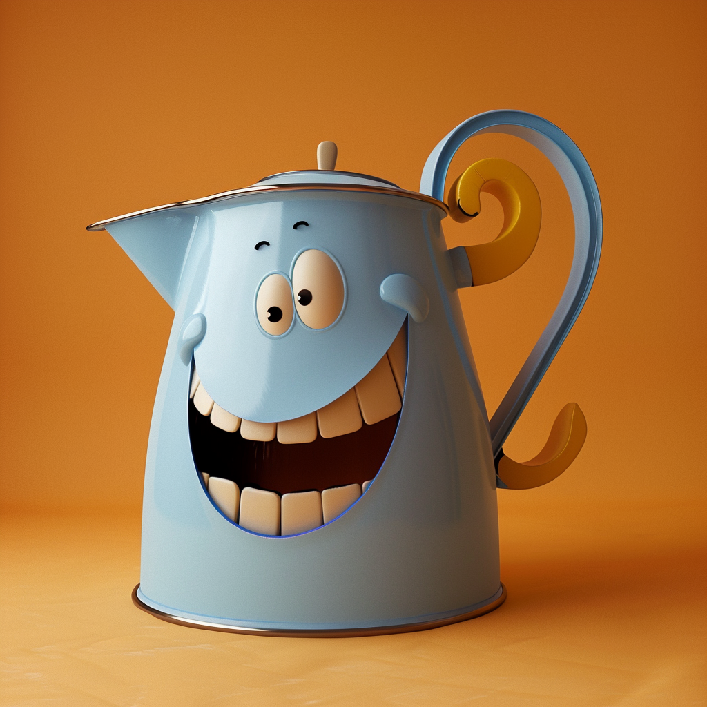 Animated character styled as a happy watering can avatar on orange background.