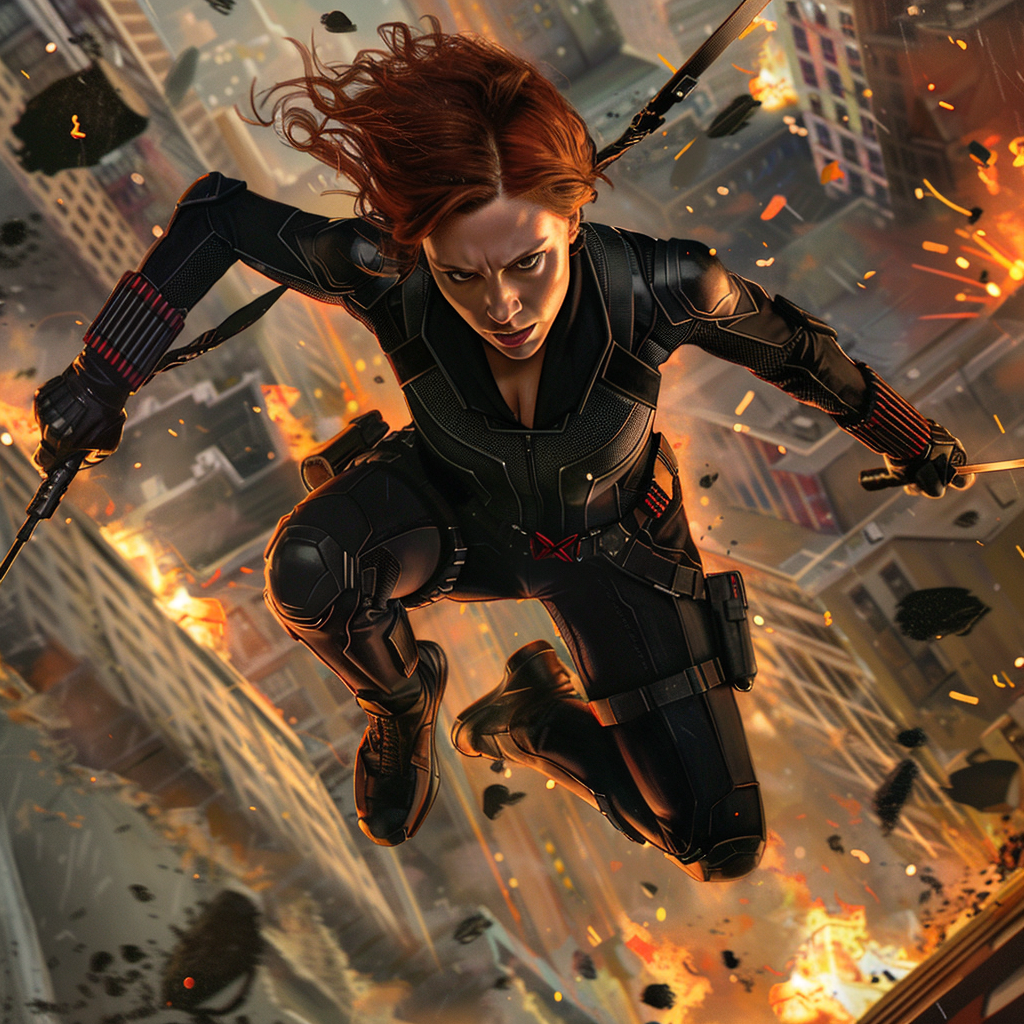 Profile photo of fan art depicting Black Widow in action, soaring above an exploding cityscape, suited for an intense forum avatar.