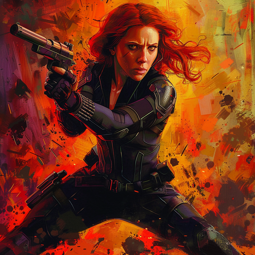 Black Widow fan art avatar featuring the iconic superhero in action pose with a fiery background.