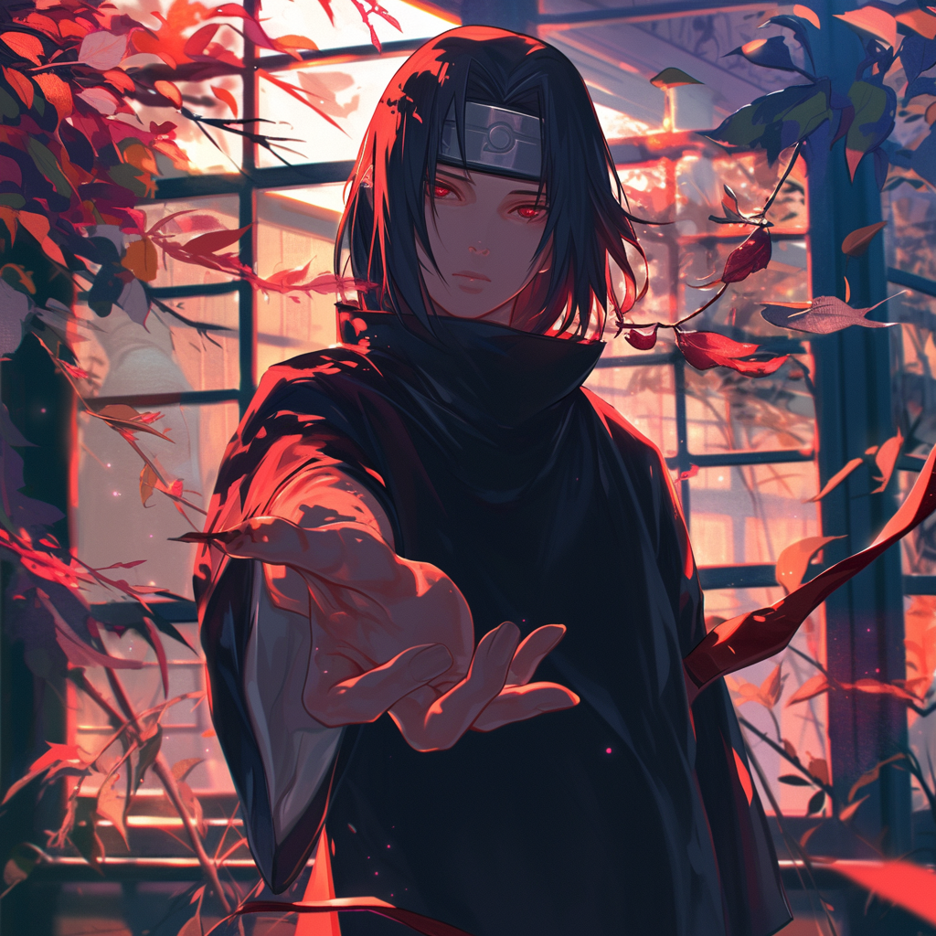 An artistic profile image of Itachi Uchiha from Naruto, featuring him reaching out amidst a backdrop of vibrant foliage and warm lighting, capturing a dramatic and mysterious vibe.