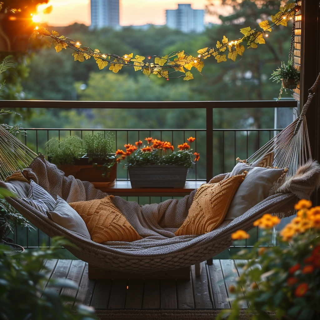 Cozy balcony hammock with cushions surrounded by potted plants and flowers at sunset, tranquil outdoor relaxation concept.