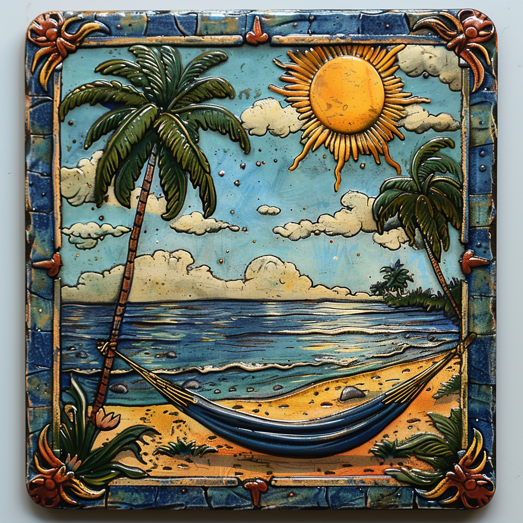 Relaxing tropical beach scene with a hammock between palm trees, sun, and ocean for a serene avatar or profile picture.