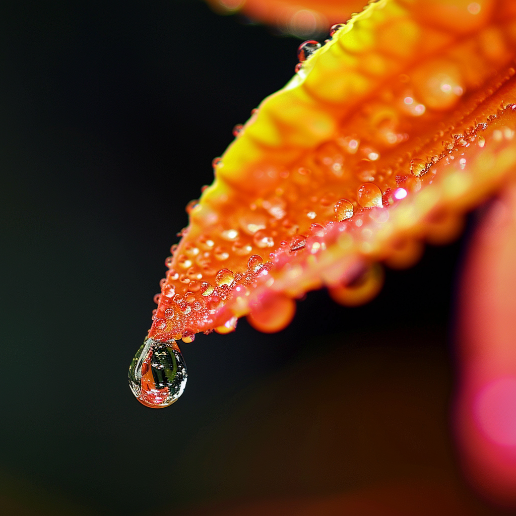 Close-up of a dew drop dangling from the tip of an orange leaf, set as a profile picture with a blurred background.