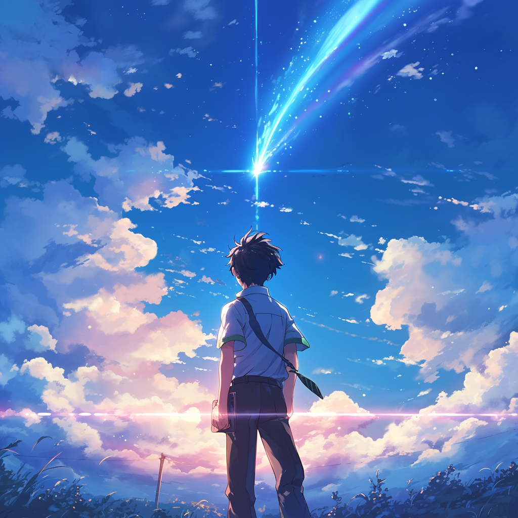 Anime-style avatar of a boy looking at a beam of light in a vibrant sky, tagged with Your Name. for use as a forum profile photo.
