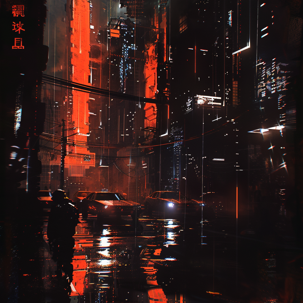 Futuristic sci-fi cityscape avatar with a silhouette of a person, neon lights, and wet urban streets reflecting the vibrant city glow.