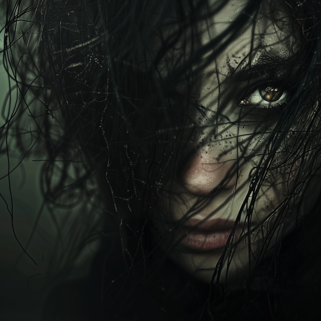 A dark portrait featuring a person with tousled hair partially obscuring their face, capturing an intense gaze. This image serves as a striking forum avatar/profile photo.