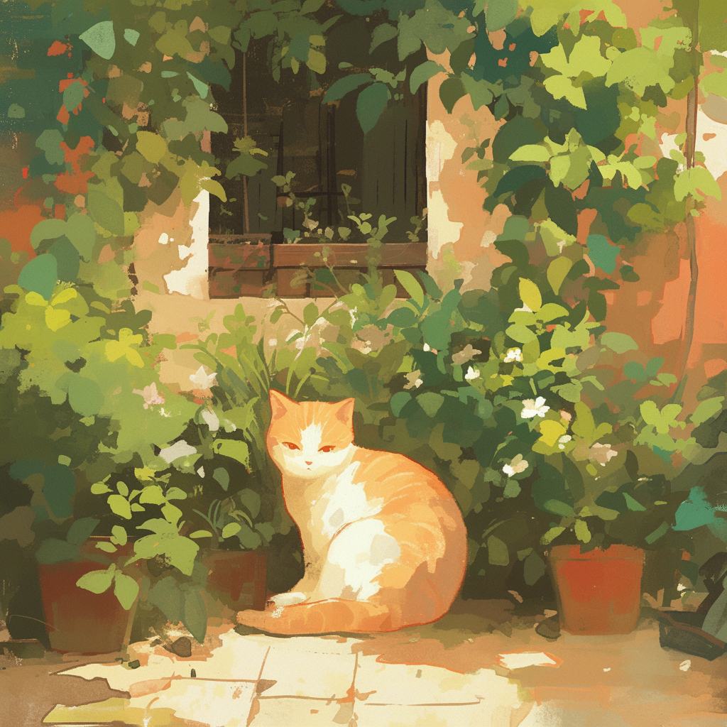 Illustration of an orange and white cat sitting calmly in a sunny garden for use as an avatar.