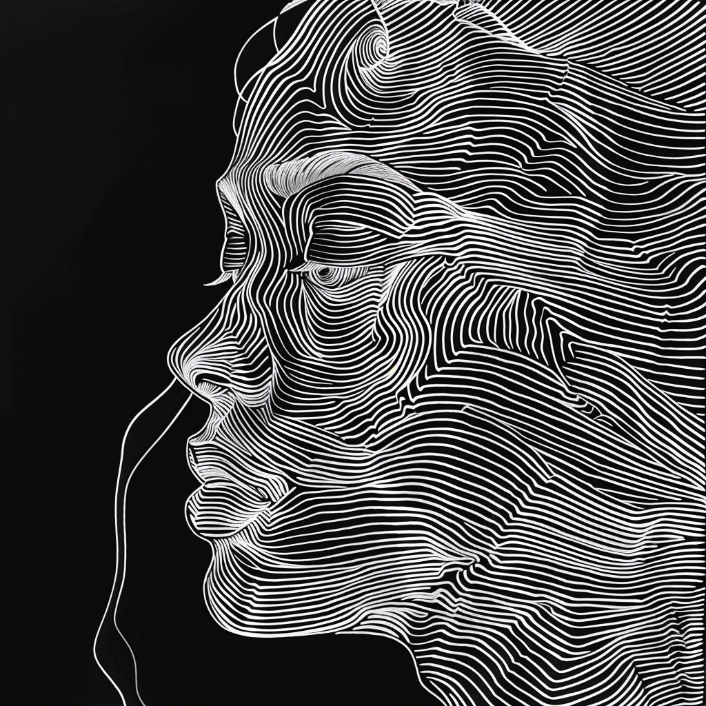 Black and white abstract line art avatar featuring a profile view of a human face.