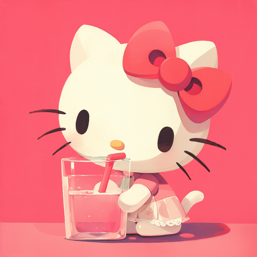 Avatar of Hello Kitty with a pink bow, sipping from a glass with a straw, on a red background.