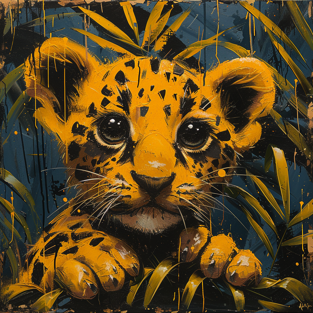 Illustration of an adorable leopard cub avatar peeking through lush green foliage for a profile picture.
