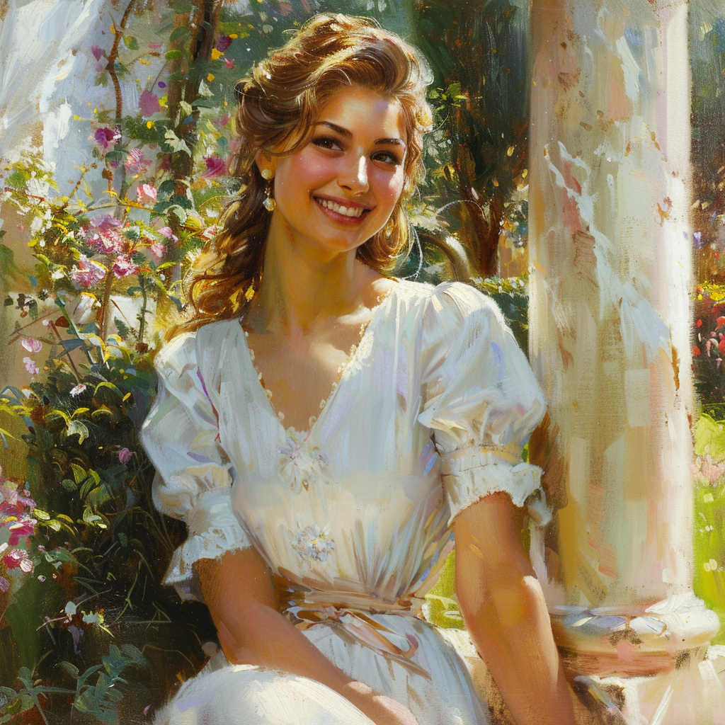 Portrait of a smiling woman in a white dress sitting in a garden for use as an avatar or profile picture.