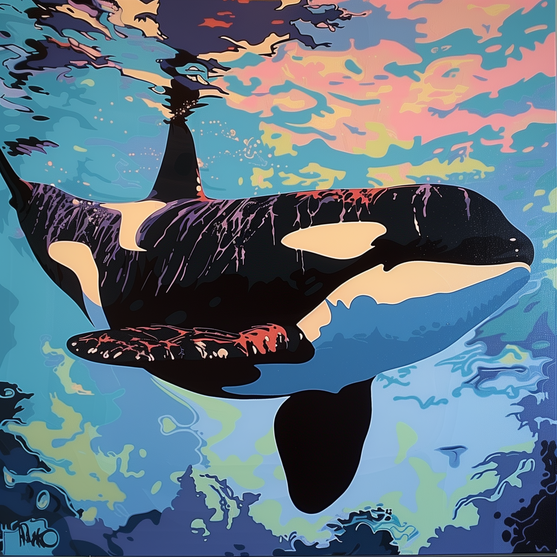 Artistic profile photo featuring a vibrant illustration of an orca swimming under a colorful, abstract ocean scene.