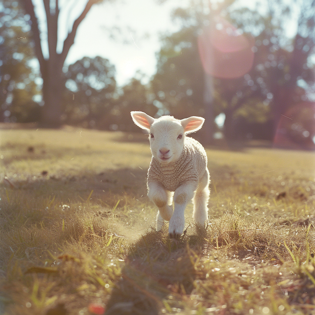 Profile photo of a lamb standing in a sunny field, looking directly at the camera.