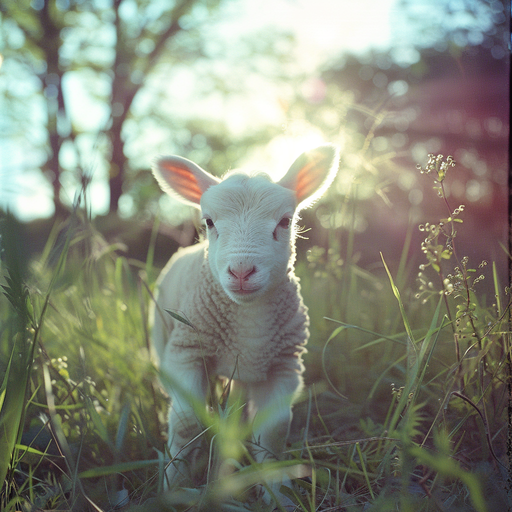 A charming profile photo of a young lamb standing amidst tall grass, bathed in the golden light of a setting sun.