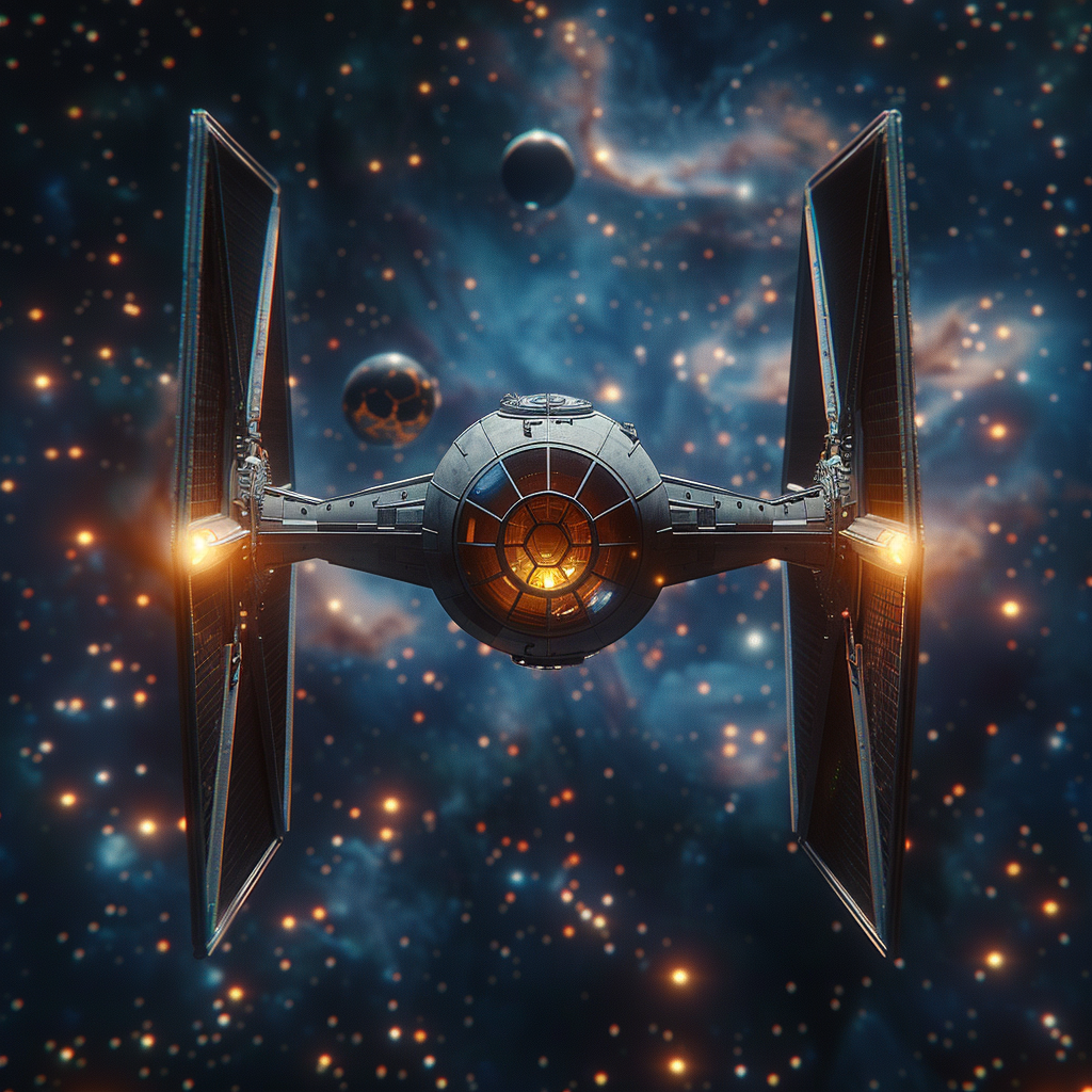 Avatar of a TIE Fighter in space with stars and planets in the background, detailed fan art for a forum profile photo.