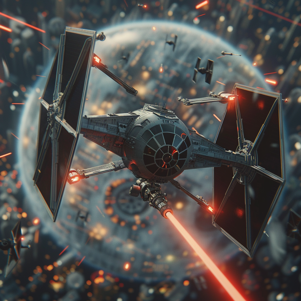 Digital fan art avatar of a TIE Fighter with blaster cannons firing, set against a space battle backdrop.