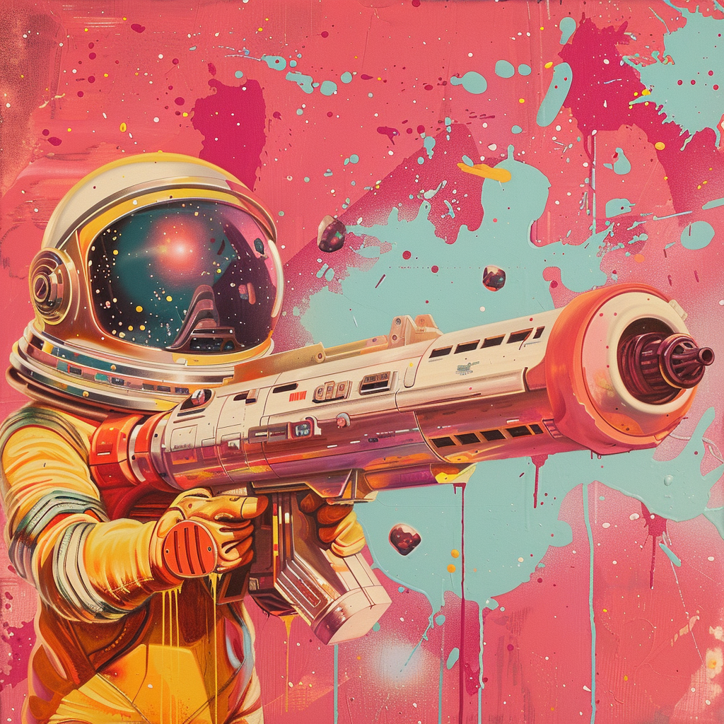 A vibrant avatar featuring an astronaut in a golden suit, holding a futuristic blaster, against a pink and orange splattered cosmic backdrop.
