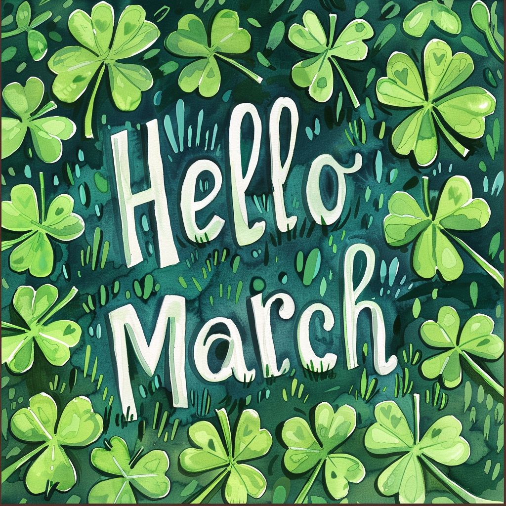 Hello March text surrounded by clovers, festive avatar for March celebrations.