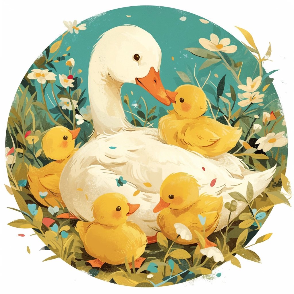 A charming avatar featuring a mother duck with five adorable ducklings surrounded by flowers and greenery, capturing a delightful moment of nature.