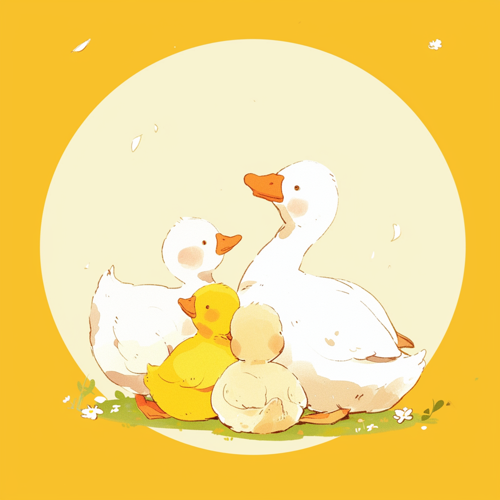 A cheerful illustration featuring a duckling nestled among adult ducks, set against a bright yellow background, designed as a forum avatar or profile picture.