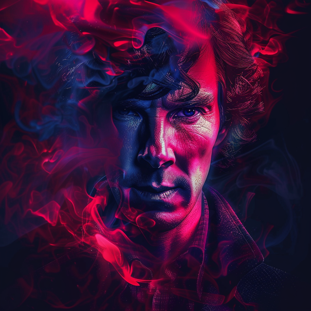 Profile photo of a fan art depiction of Sherlock Holmes in vibrant red and blue hues, featuring a mysterious and intense expression.