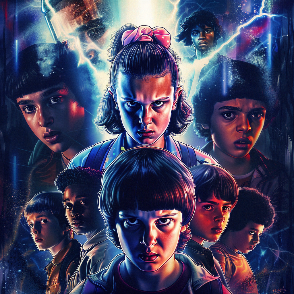 Stranger Things inspired fan art avatar featuring a collage of main characters with dramatic lighting and supernatural elements.