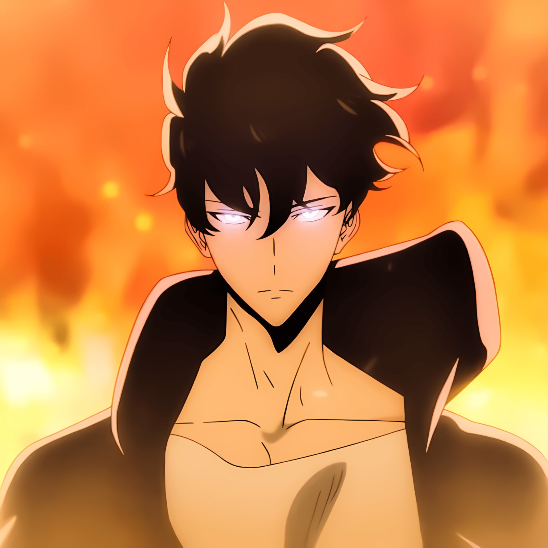 A striking avatar featuring Sung Jin-Woo from Solo Leveling, showcasing intense expression and dynamic flames in the background, embodying strength and determination.