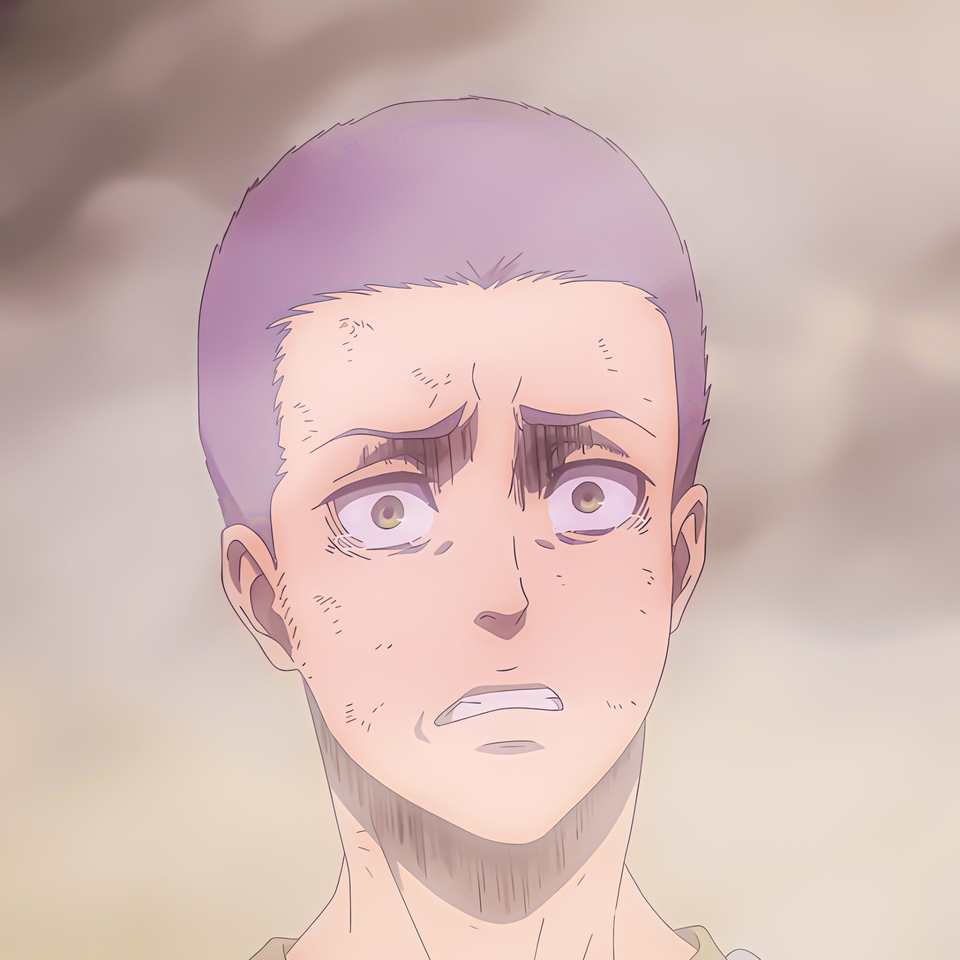 Anime profile photo of Connie Springer from Attack on Titan, displaying a shocked expression with a cloudy backdrop.