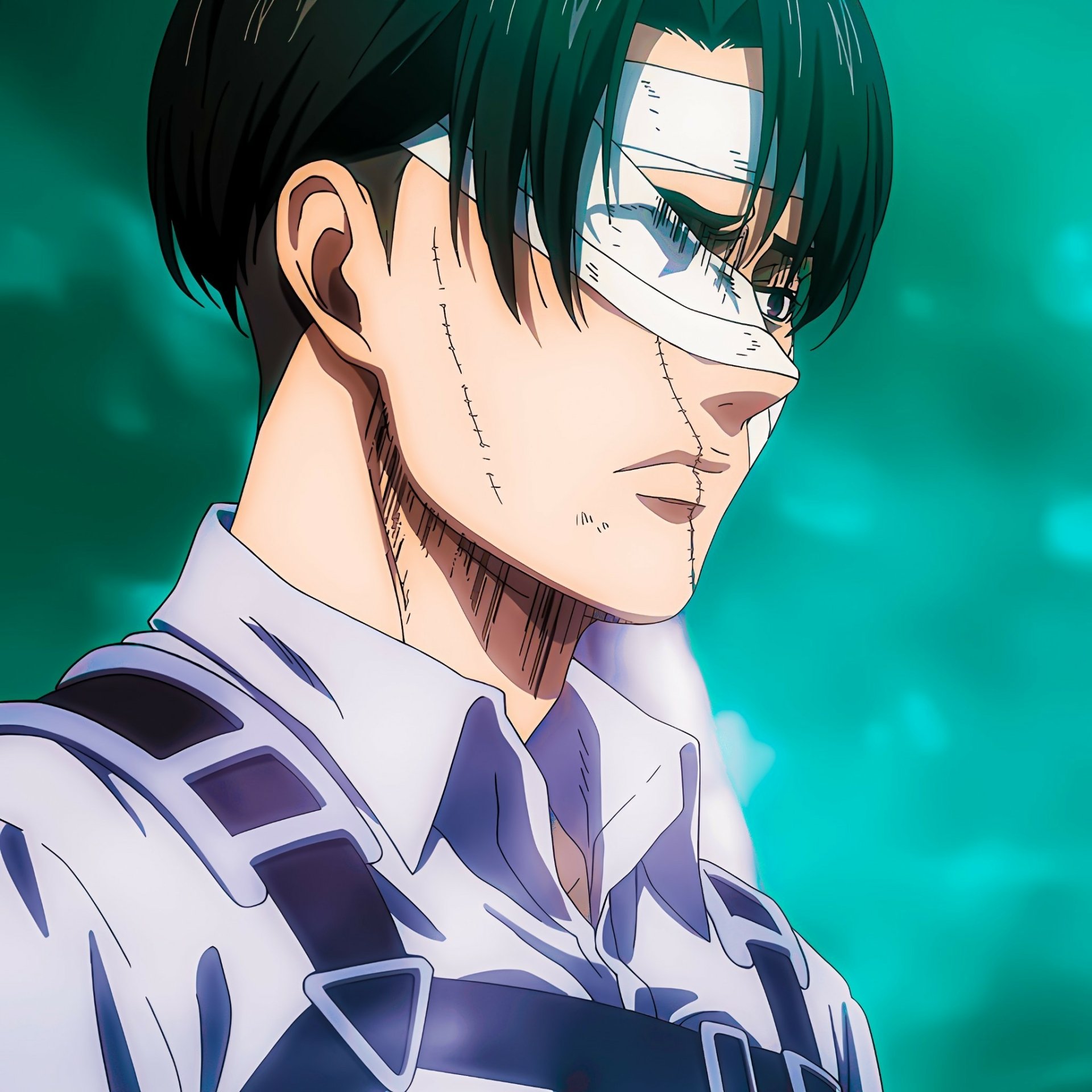 Anime avatar featuring Levi Ackerman from Attack on Titan, showcasing a serious expression with bandages, set against a vibrant green background.