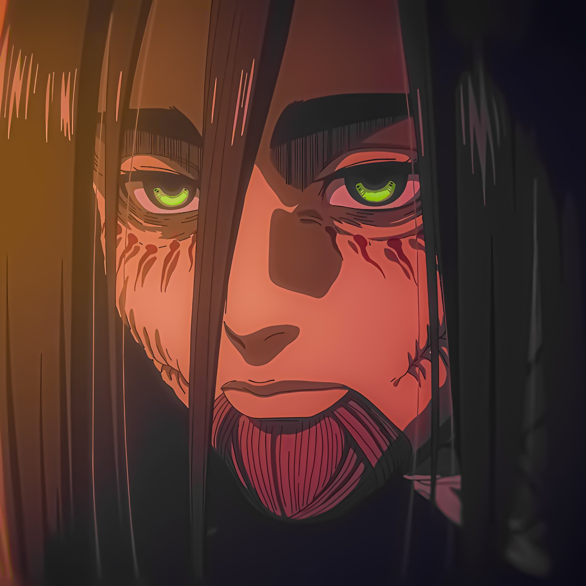 A striking avatar featuring Eren Yeager as the Founding Titan from Attack on Titan, showcasing his intense expression and distinctive green eyes.