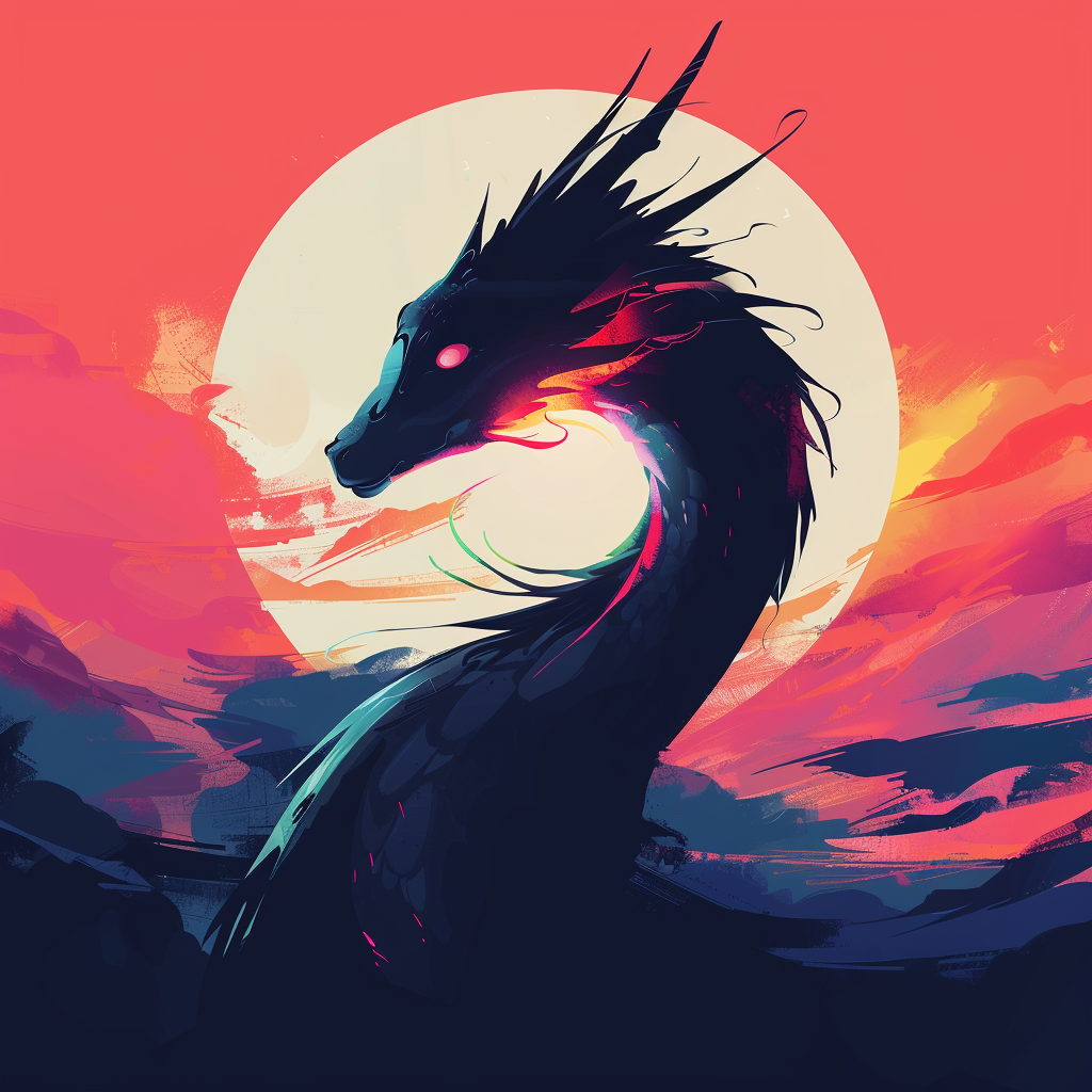 Artistic profile photo featuring a stylized dragon in front of a vibrant pink and orange sunset background.