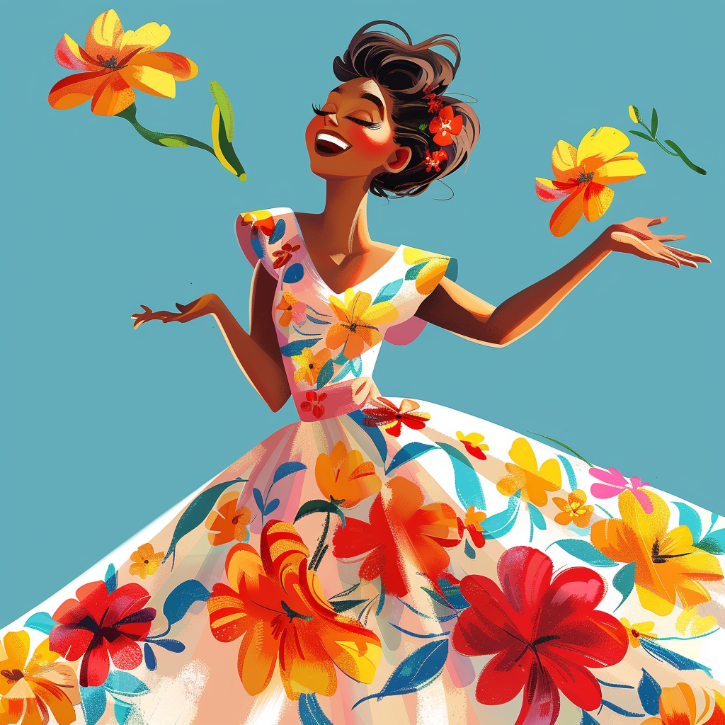 A smiling person in a vibrant, floral summer dress stands against a blue background, surrounded by colorful flowers, radiating joy and warmth.