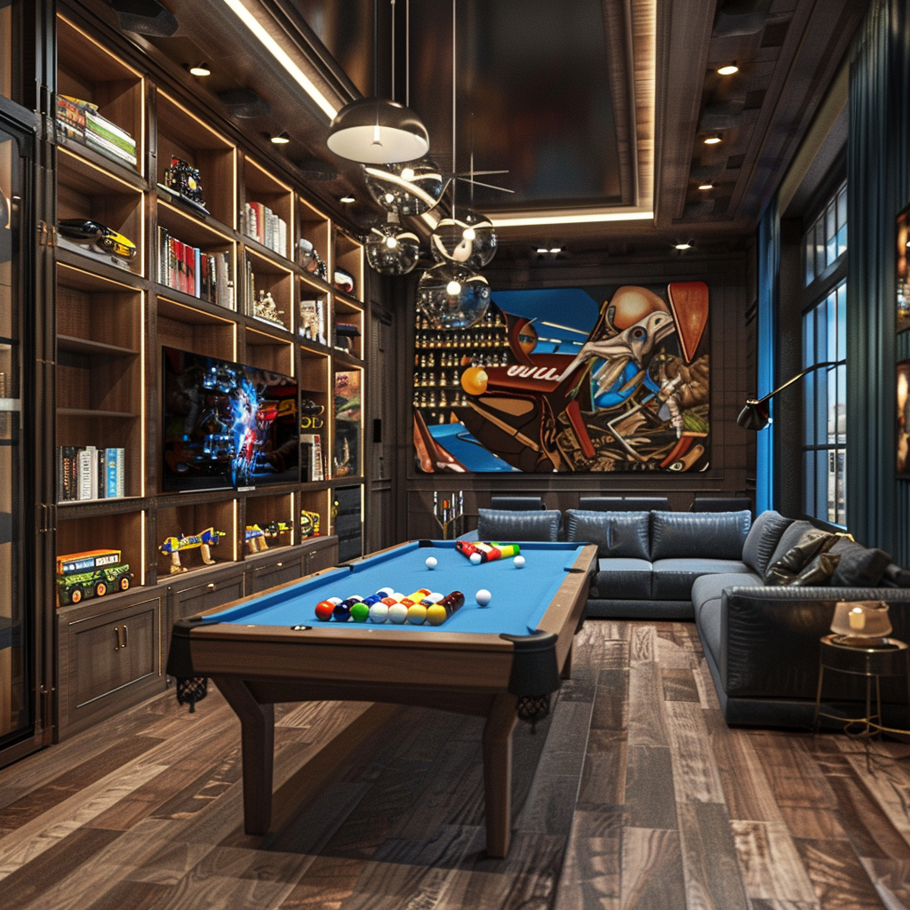 A stylish game room featuring a blue pool table and a cozy couch, complemented by shelves filled with books and decor, makes for an engaging forum avatar.