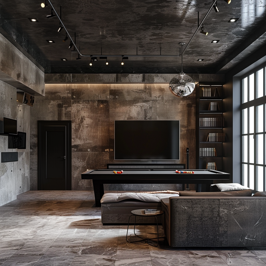 A sleek game room featuring a pool table, modern couch, and a large TV against a stylish backdrop, creating an inviting space for entertainment and relaxation.