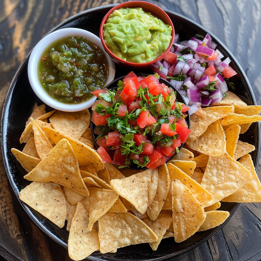 A vibrant plate featuring crispy tortilla chips surrounded by fresh salsa, guacamole, diced tomatoes, and onions, making a delicious and inviting food scene.