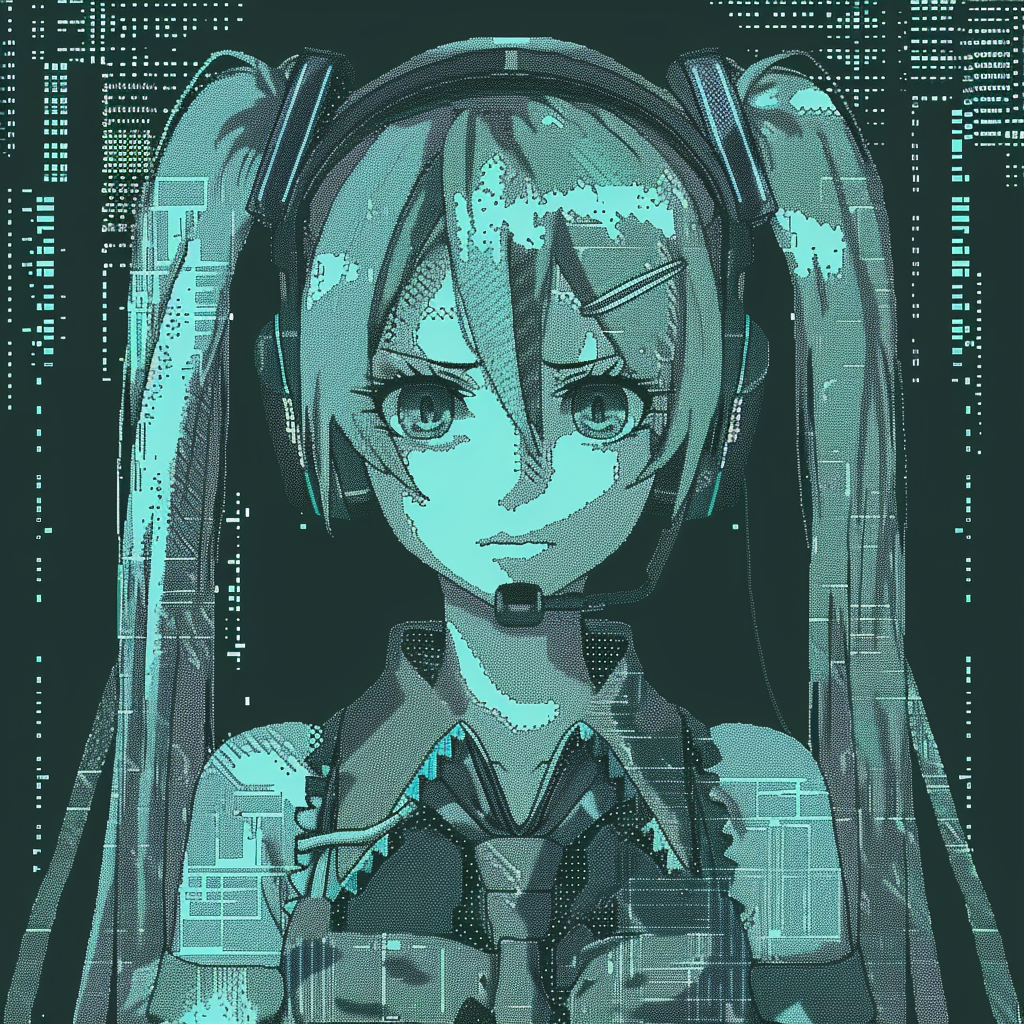 Digital avatar of Hatsune Miku with a turquoise pixilated design for a profile picture.